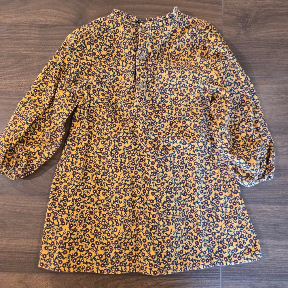 Next SP Girls Mustard Yellow Floral Corduroy Dress Ruffle‎ Neck 2-3 Years